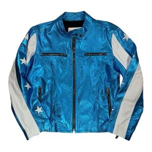 THE MIGHTY COMPANY $1,200 Verona Racer Lamb Leather Jacket XL NWT Blue White